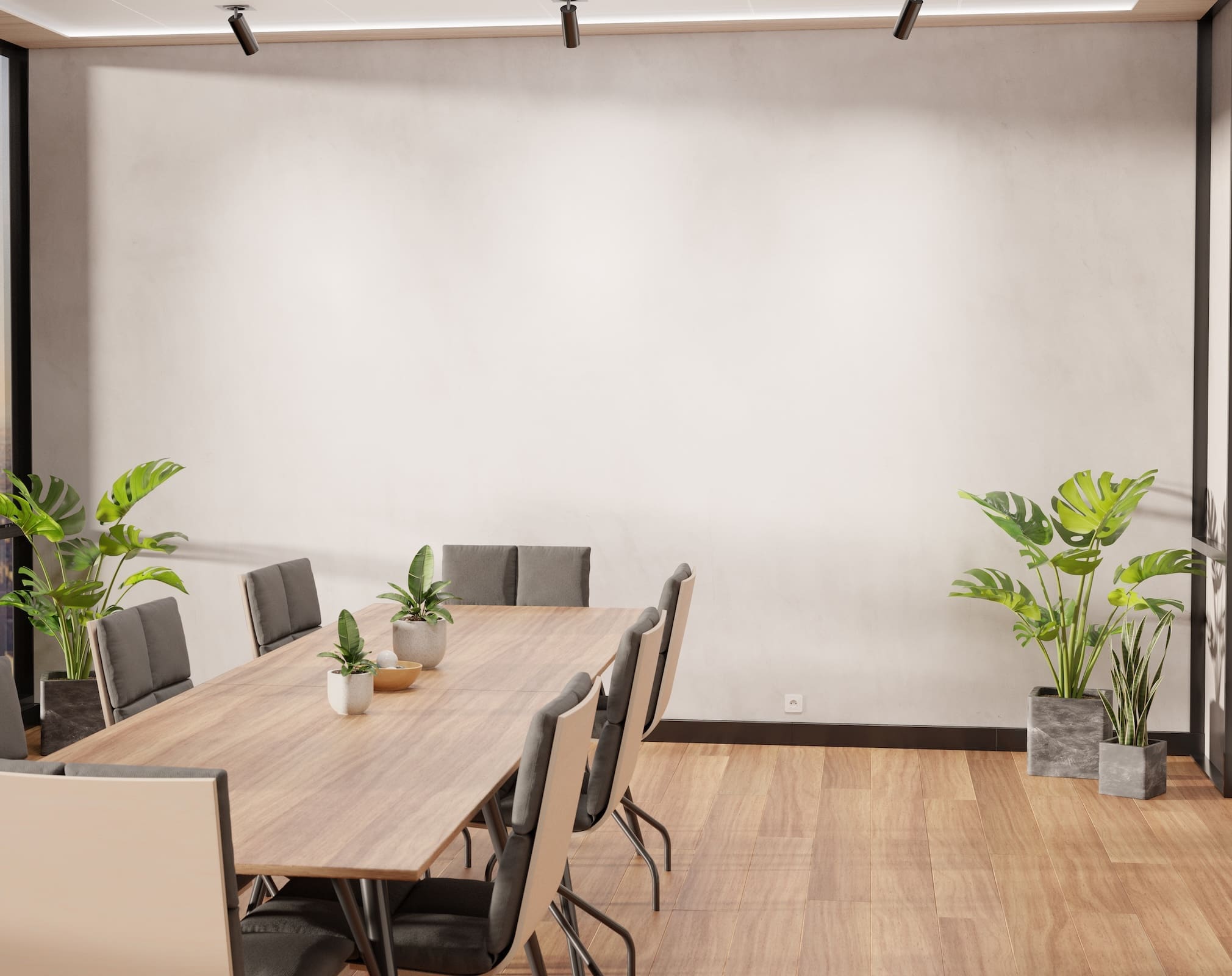 Blank wall Mockup in bright wooden office with windows and sun passing through. Empty company meeting room 3D rendering